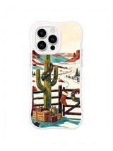 Aesthetic Western iPhone 16 Pro case with star cactus, wooden gift crates and snowy desert trail