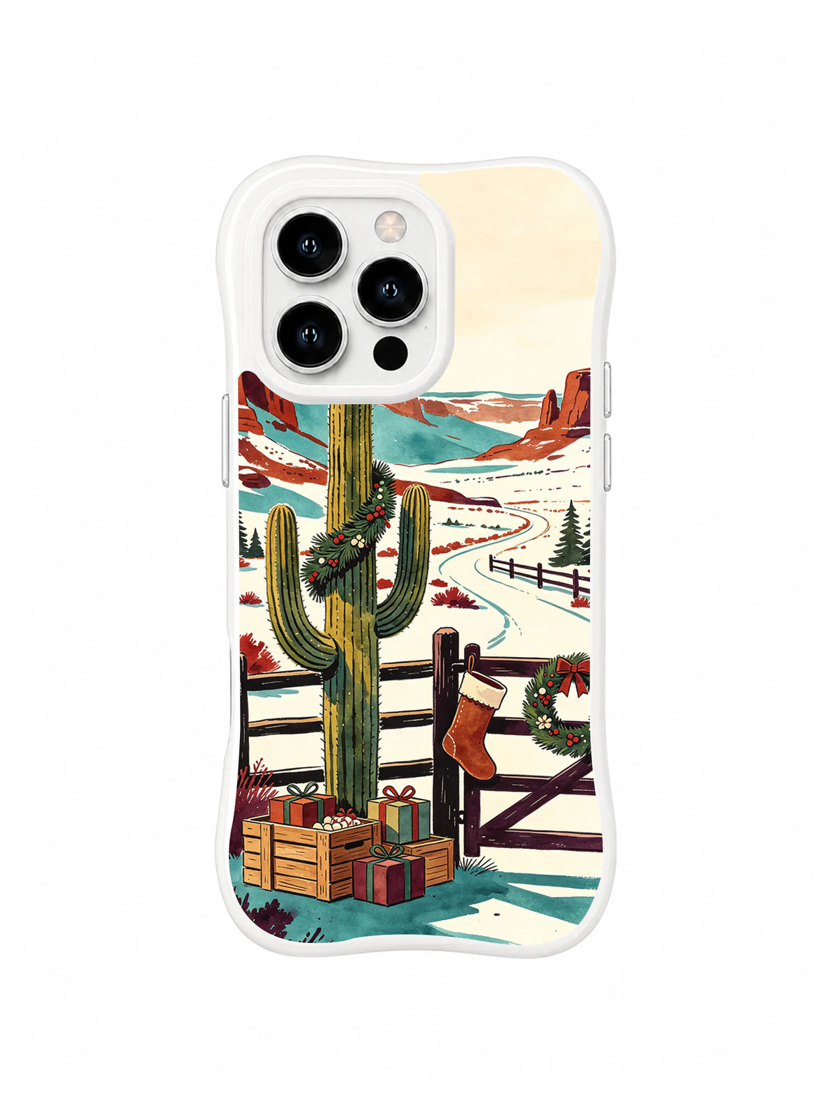 Aesthetic Western iPhone 16 Pro case with star cactus, wooden gift crates and snowy desert trail