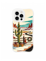 Western Christmas iPhone 16 Pro case with turquoise horizon, saguaro, wreath gate and gifts