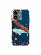 Pale mint whale following bubbles beneath a diagonal underwater staircase
