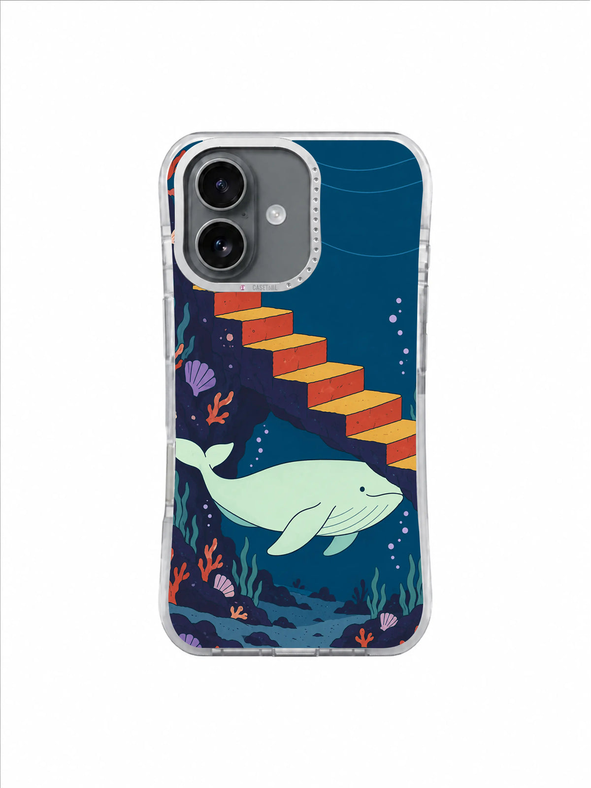 Mint whale passing below warm red and mustard stairs in a deep blue reef