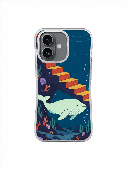 Mint whale passing below warm red and mustard stairs in a deep blue reef