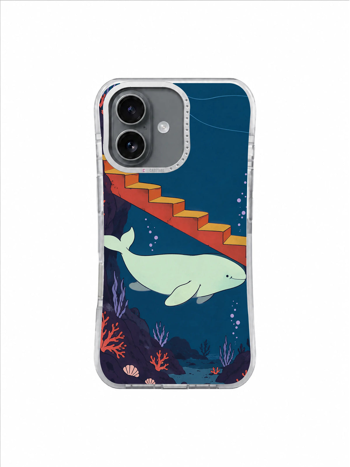 Mint whale emerging from the shadow beneath red stairs in a deep sea reef