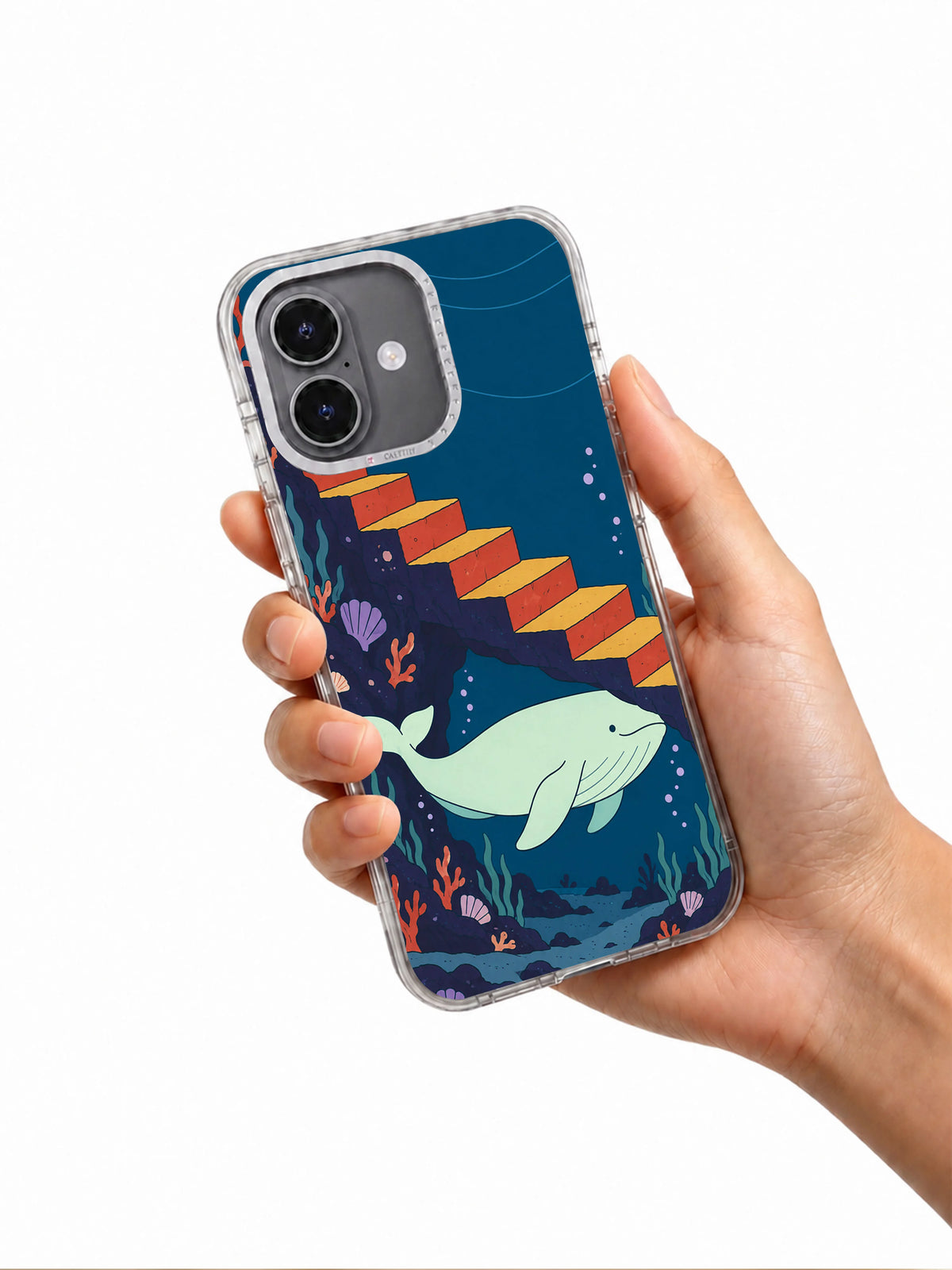 Whale Under the Stair iPhone 17 case shown naturally in hand