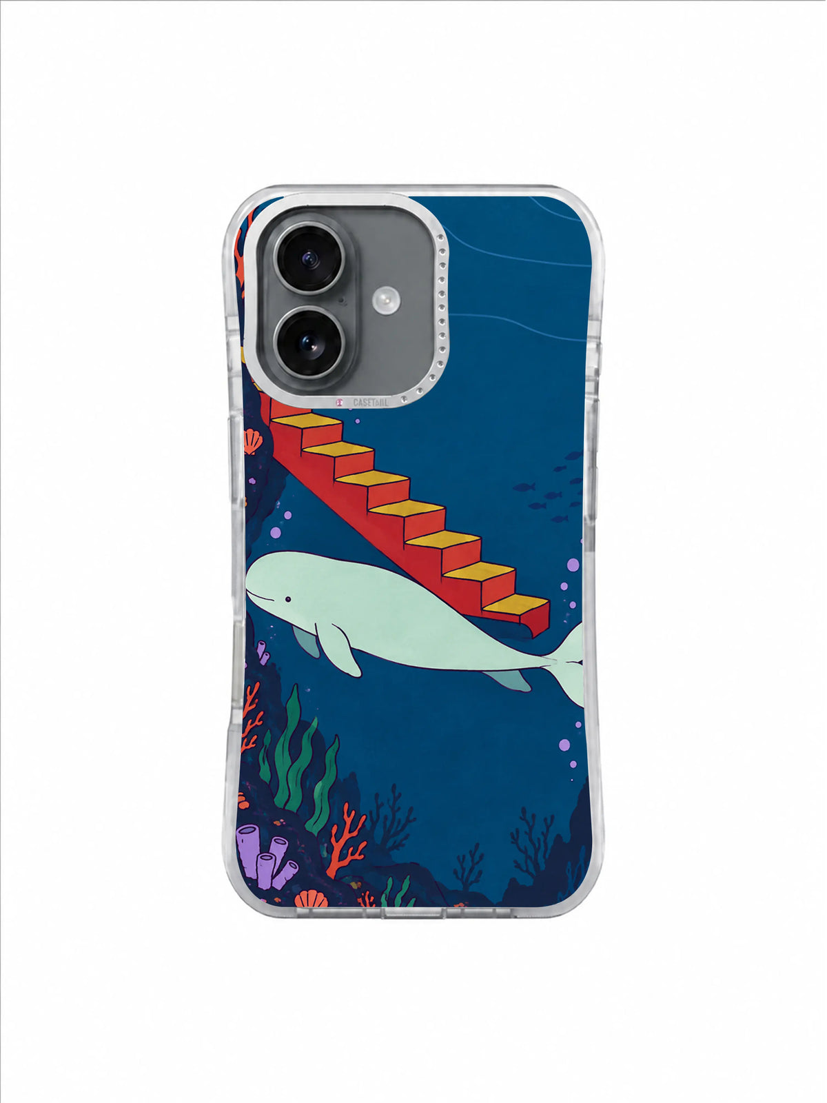 Mint whale entering a narrow gap under red and yellow stairs in open blue water
