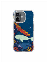 Pale whale swimming under warm stairs above colorful coral and shell fragments