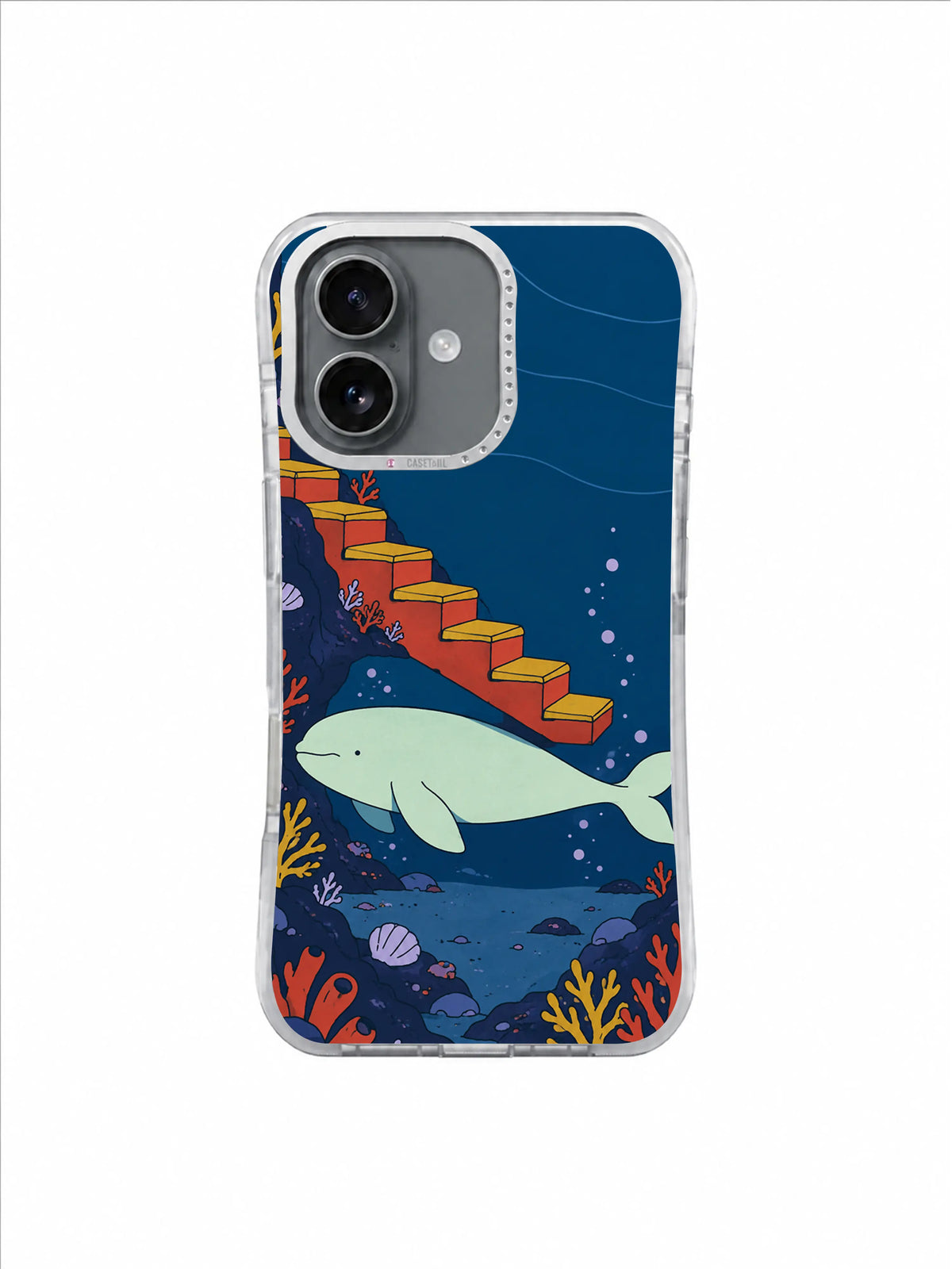 Pale whale swimming under warm stairs above colorful coral and shell fragments