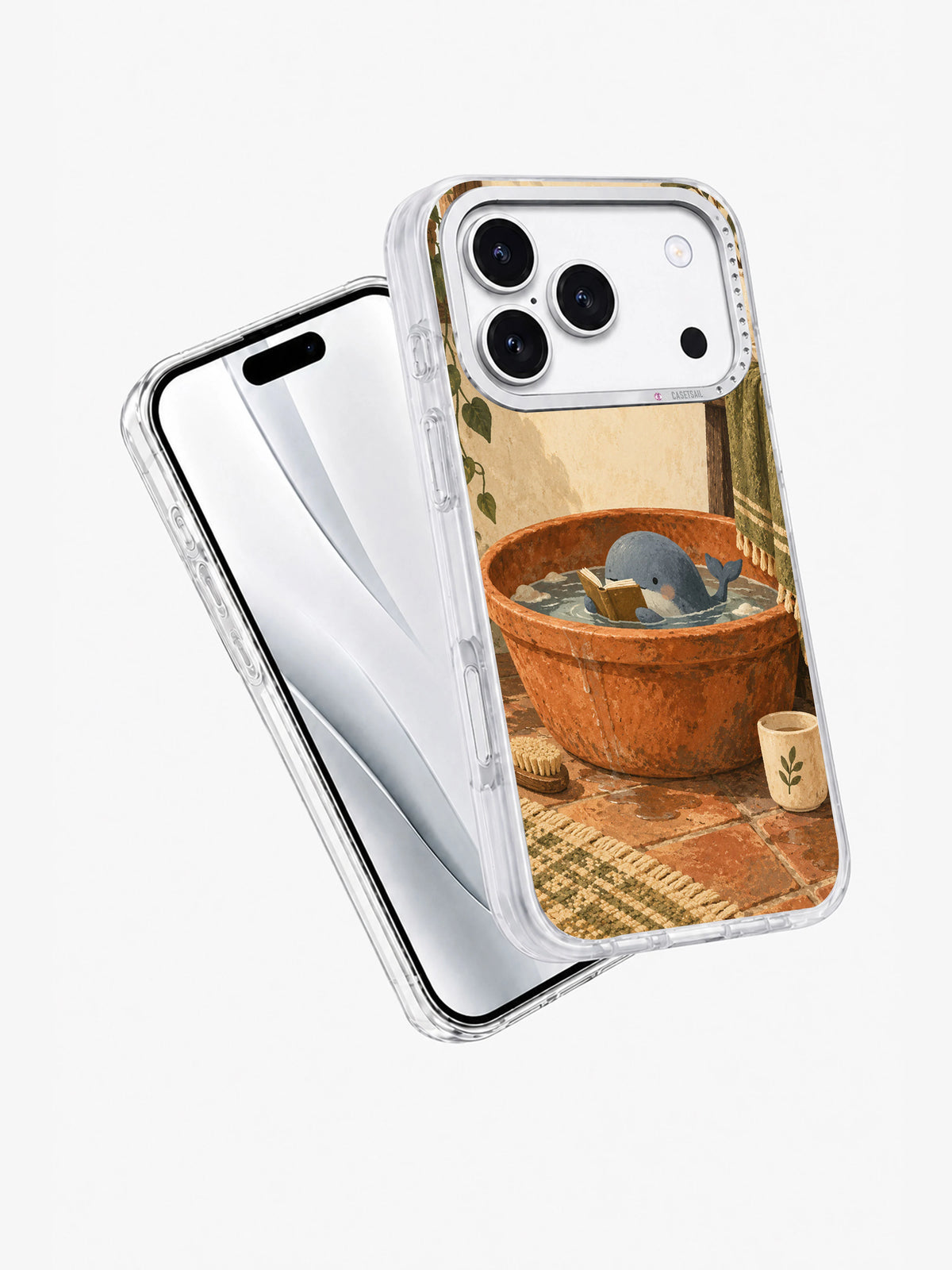 Angled front and back view of the Whale in the Washbasin transparent iPhone 17 Pro case