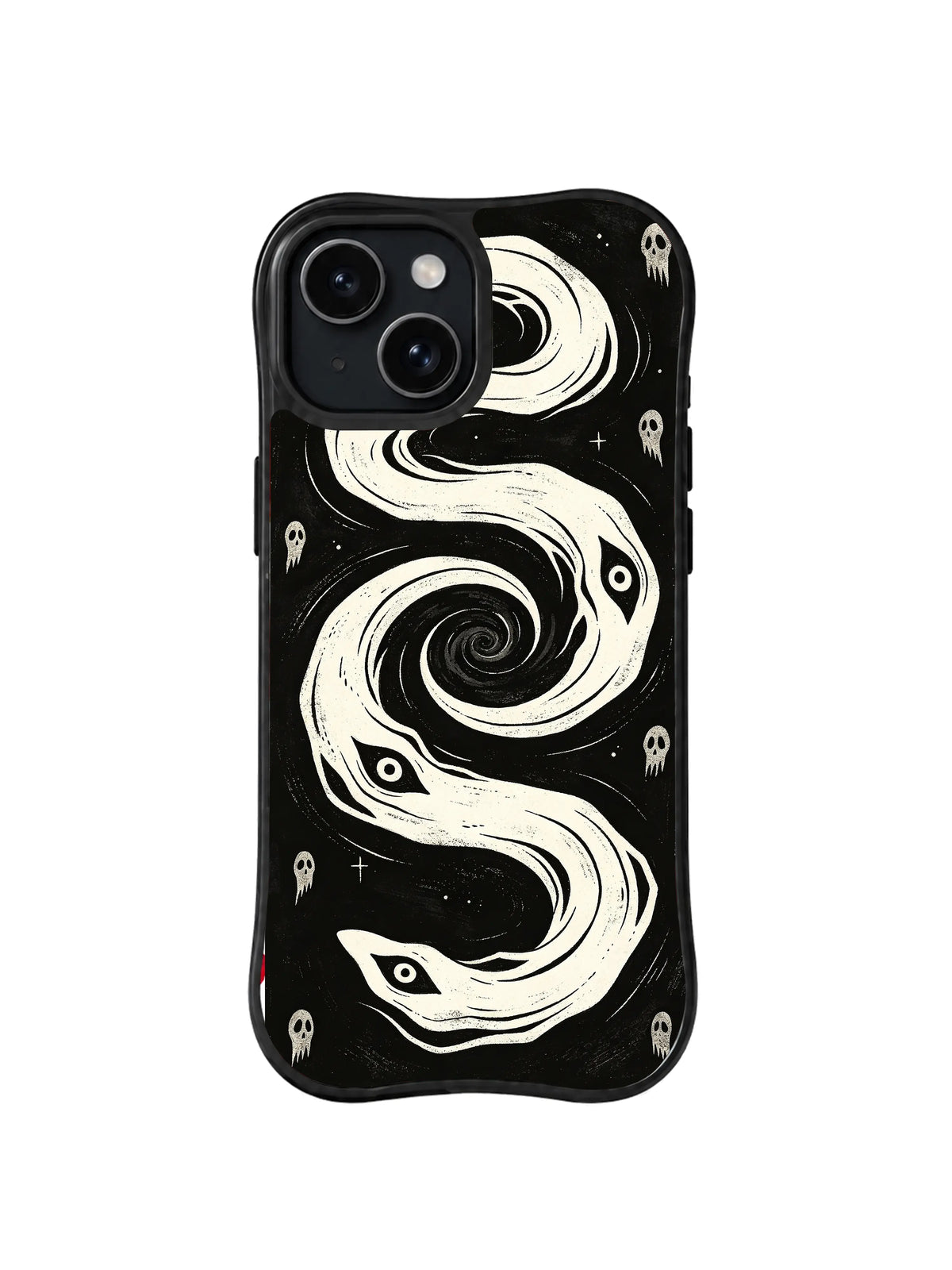 Spiral Whisper Phantoms monochrome ghost art on iPhone 15 Plus case