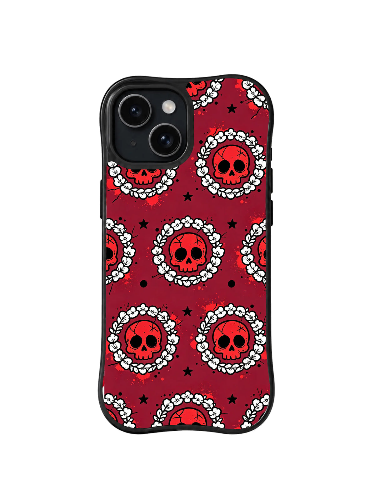 White Flower Skull Orbit: White flower circles surround red skulls in a regular burgundy grid.