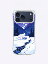 White fox uncovering cobalt flowers in Frost Valley on an iPhone case