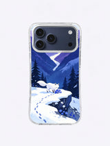 Blue flowers rooted beside a white fox in a winter valley on an iPhone case