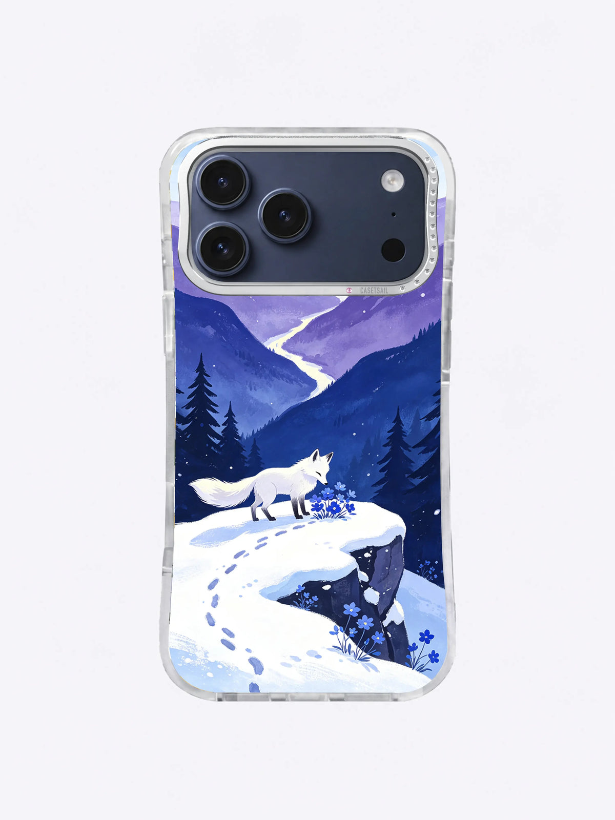 White fox and pale lemon sun over an icy mountain pass on an iPhone case