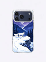 Snow ridge and navy pine forest with a white fox on an iPhone case