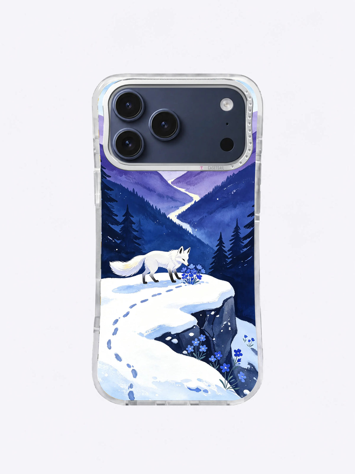 Snow ridge and navy pine forest with a white fox on an iPhone case