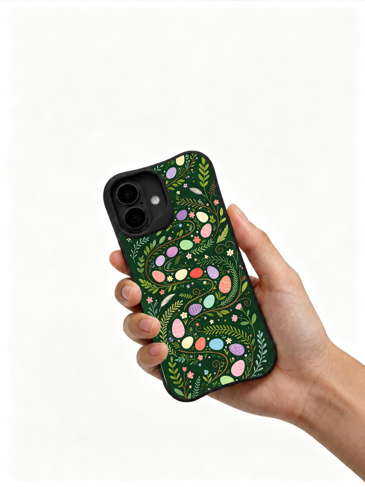 Wild Bunny Trail: Hand holding the case with its illustrated back facing outward.