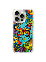 Rainbow Mosaic Butterfly: A large multicolor butterfly hovers above flowers on a turquoise field.