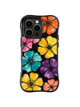 Bold Wildflower Mosaic: Large orange, yellow, teal and purple flowers form a bold mosaic on black.