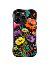 Electric Meadow Rising: Tall yellow, purple, orange and teal wildflowers rise from the bottom.
