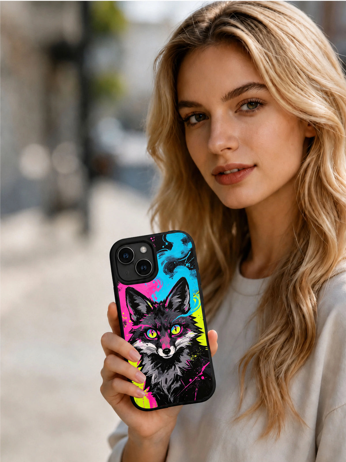 Wild Fox Rebellion iPhone 15 Plus case lifestyle view