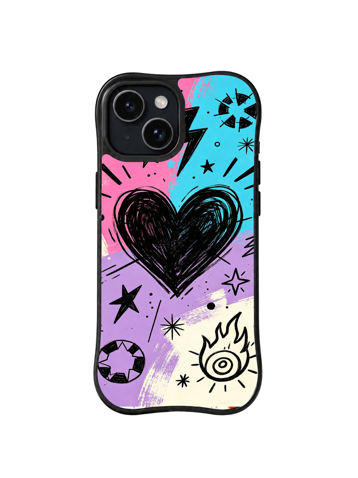 Black Heart Fire: A black scribble heart appears among stars, an eye, flame and color blocks.