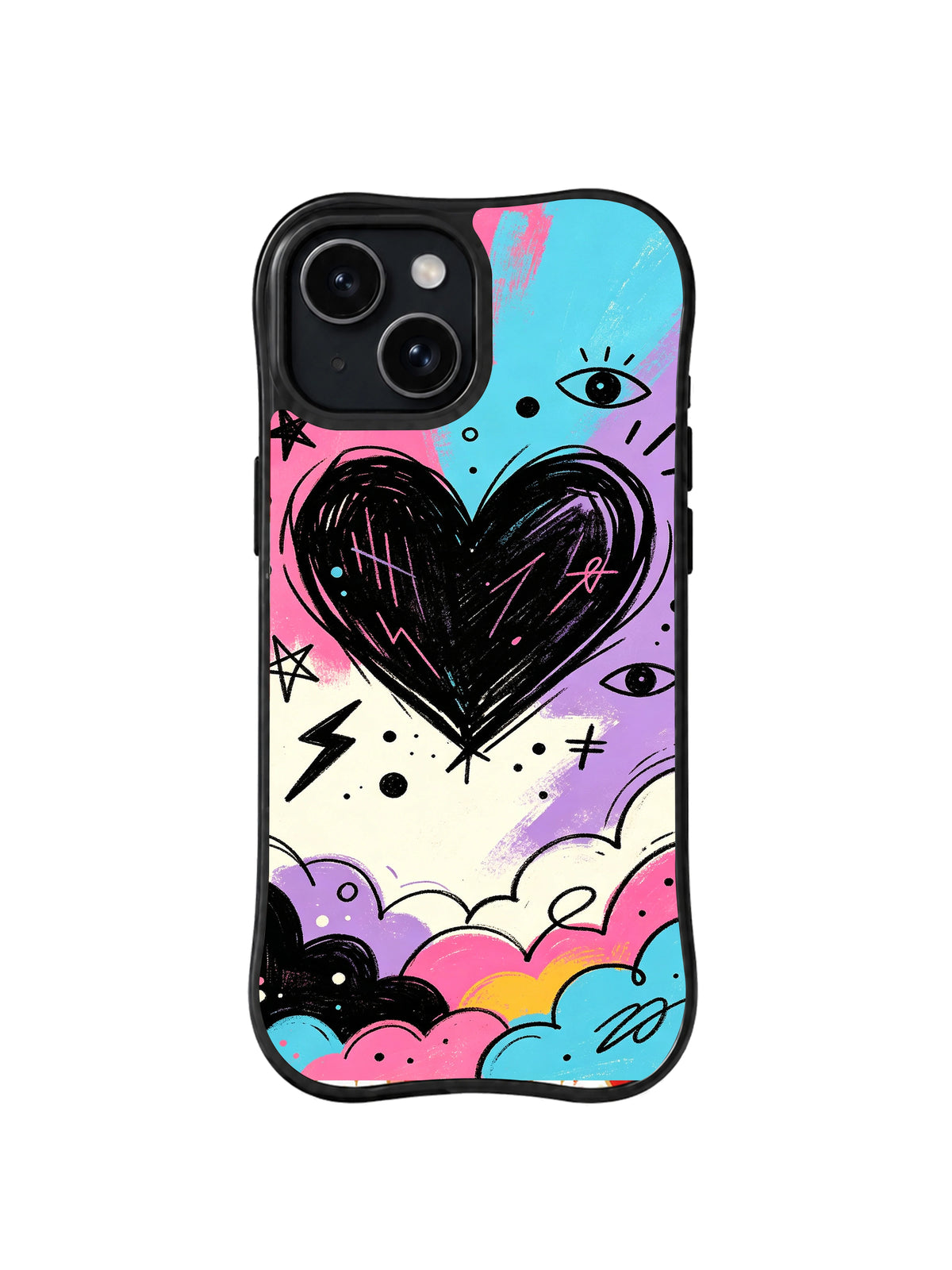 Rainbow Cloud Heart: A black hand-drawn heart floats above pastel rainbow clouds and graphic marks.