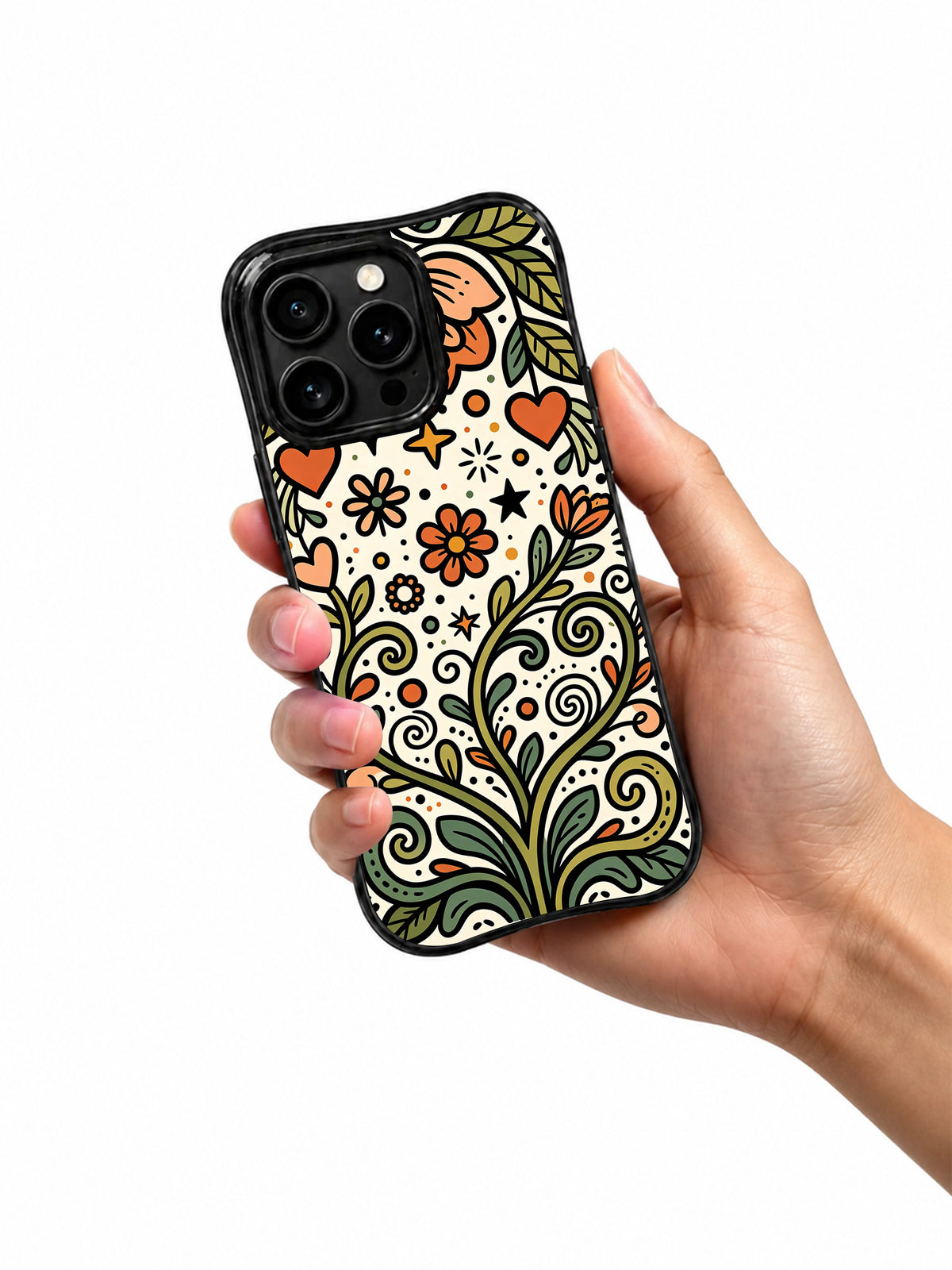 Wild Heart Parade floral iPhone 14 Pro case held in hand