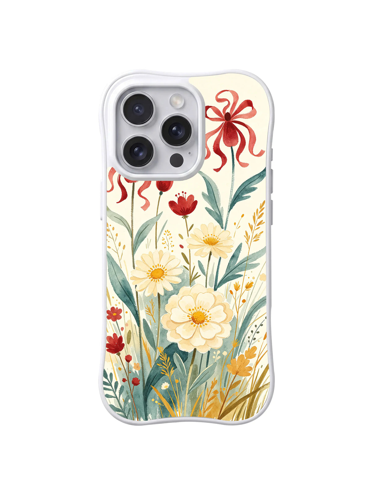 Ribbon Bloom Meadow red ribbon flowers and cream blossoms on iPhone 15 Pro case