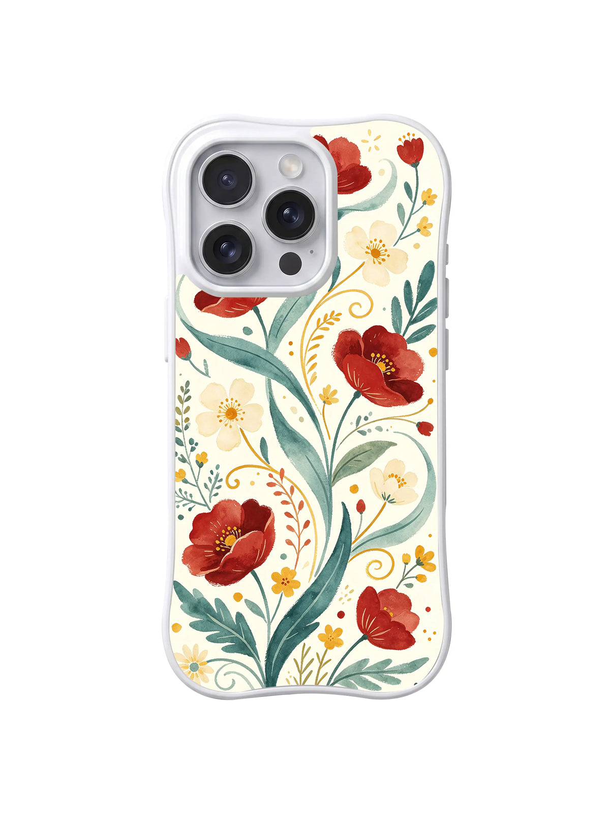 Scarlet Vine Dance red flowers and green watercolor vines on iPhone 15 Pro case