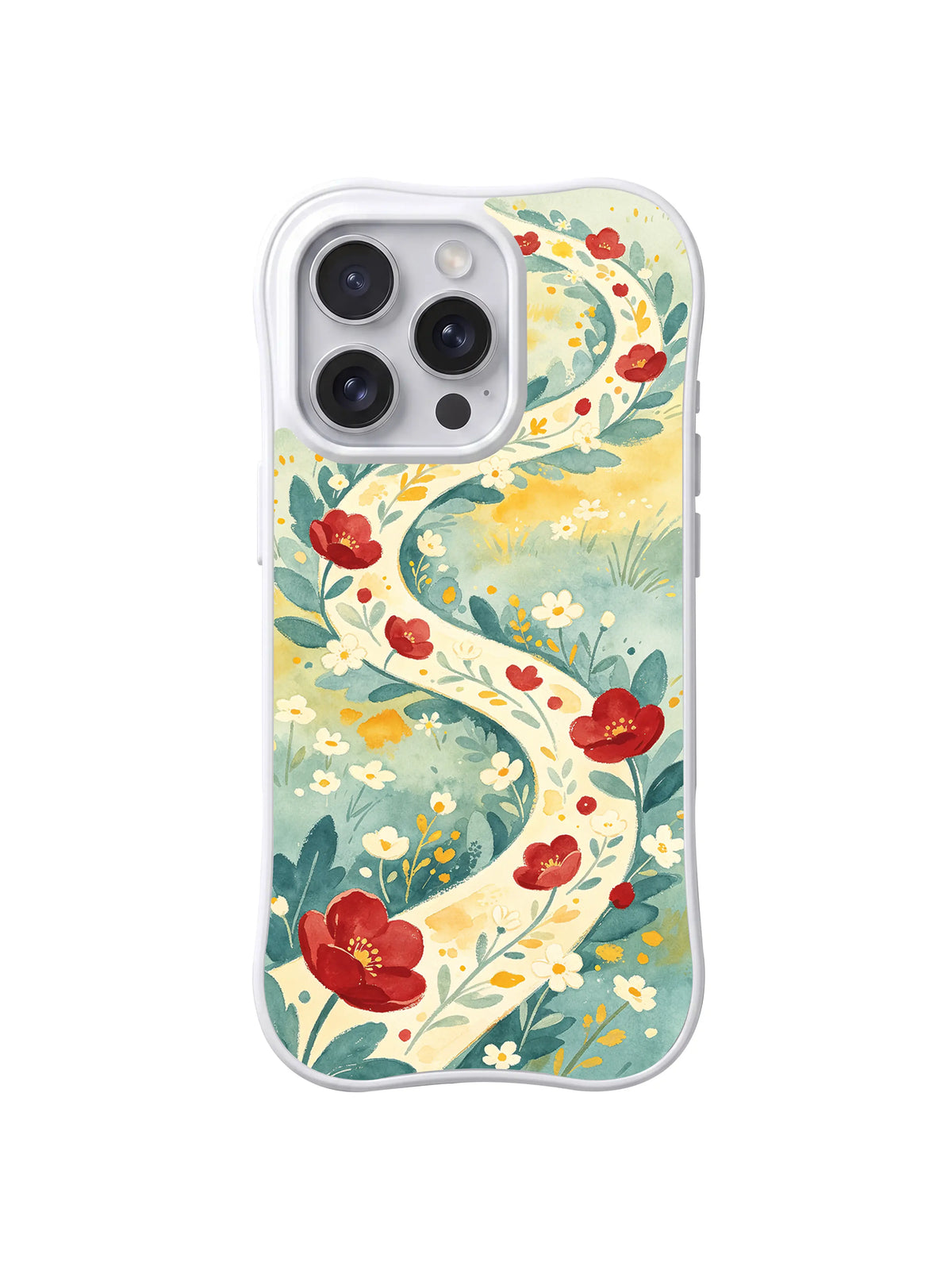 Sunlit Flower Path red flowers along a mint green watercolor meadow on iPhone 15 Pro case