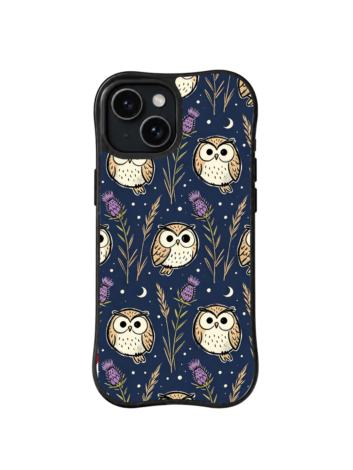 Wild Thistle Owl Gathering: Cream owls gather among tall grasses, purple thistles and moons.
