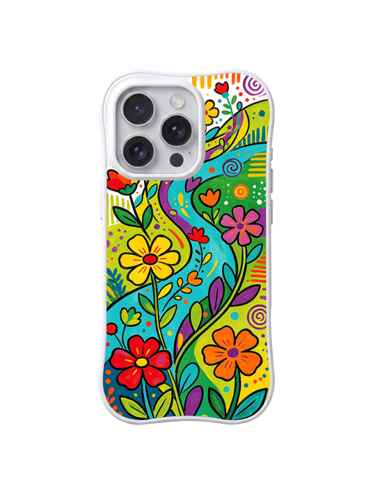 Meadow River Bloom: Bright flowers and leaves grow beside a winding blue-green river.