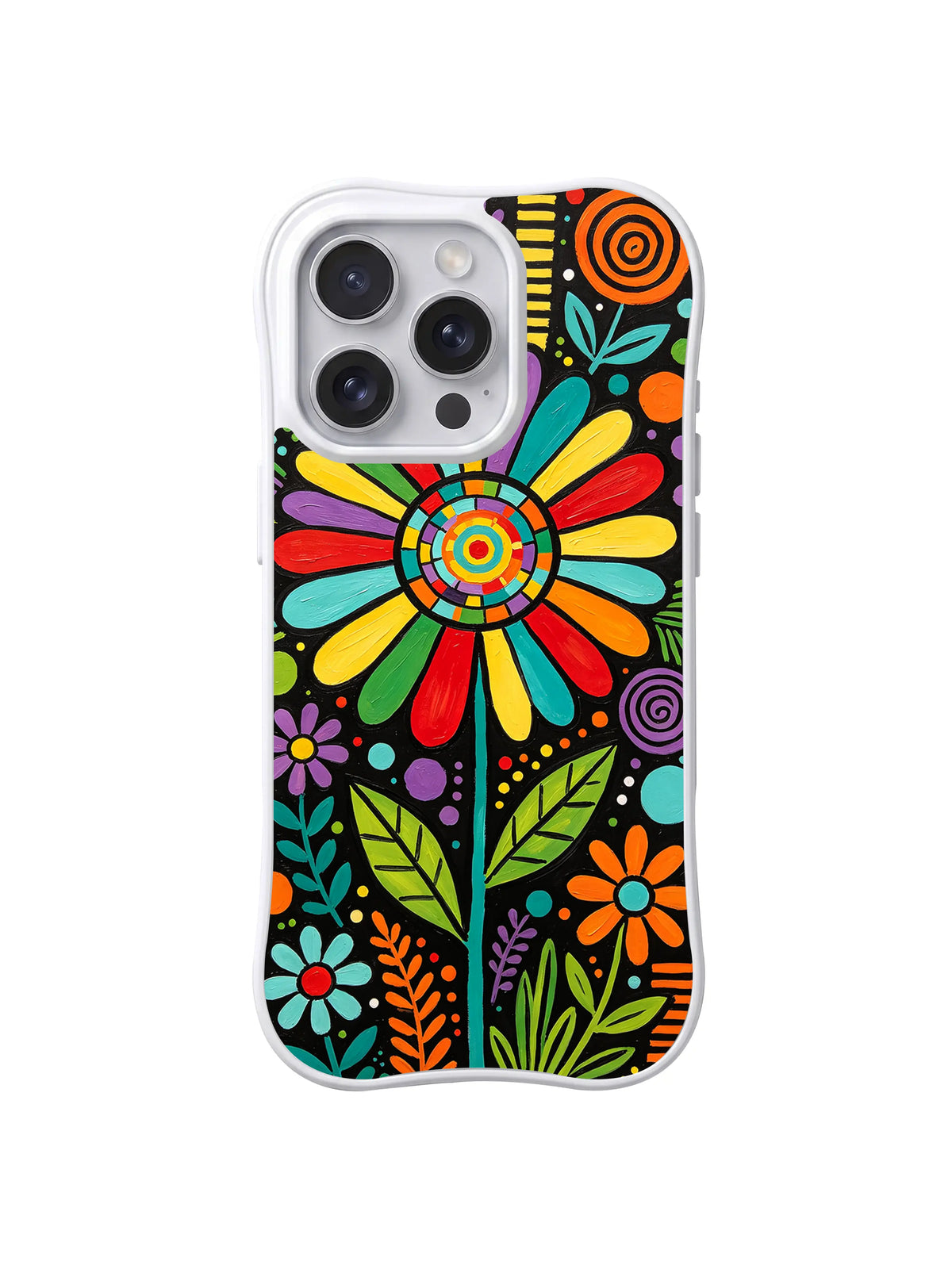 Midnight Rainbow Daisy: A large multicolor daisy rises from smaller flowers on a black background.