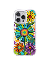 Mosaic Daisy Chorus: Large mosaic-like daisies overlap with leaves and dotted color fields.