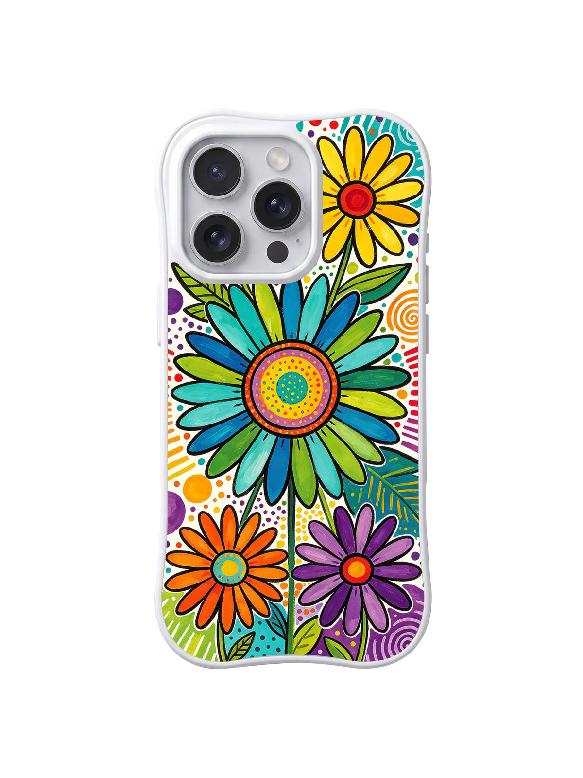 Mosaic Daisy Chorus: Large mosaic-like daisies overlap with leaves and dotted color fields.