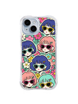 Pastel Garden Cool Crew: Zıt renkli gözlüklü pembe, mavi ve mint saçlı yüzler yoğun pastel bahçede tekrar eder.
