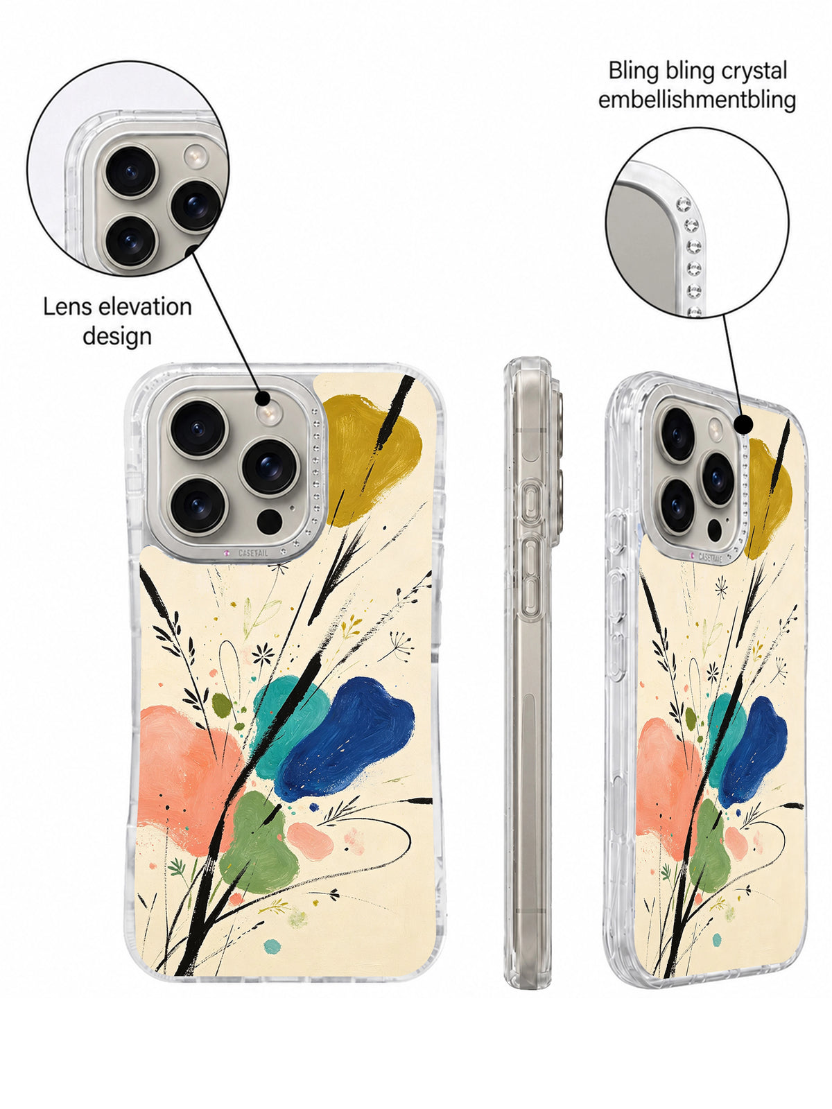 Crystal camera frame wildflower iPhone 16 Pro case detail
