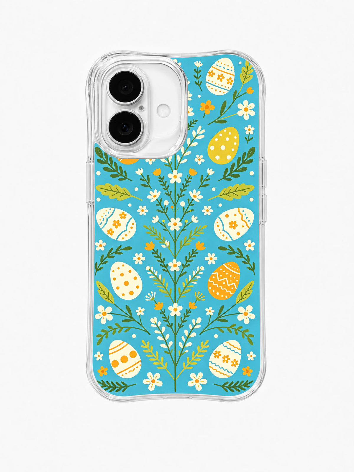 Wildflower Egg Festival / Wildflower Egg Tree: A symmetrical green flower tree with small yellow and cream decorated eggs on aqua.
