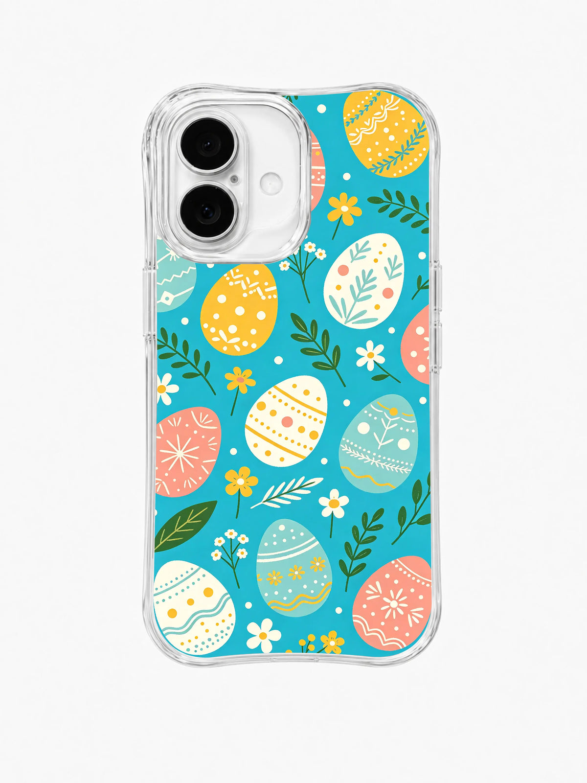 Wildflower Egg Festival / Festival Egg Scatter: Large yellow, pink and pale green eggs scattered among daisies and leafy sprigs.