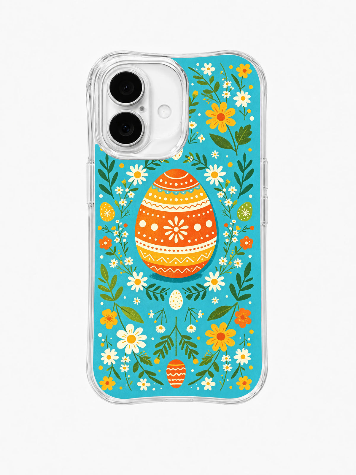 Wildflower Egg Festival / Orange Folk Egg Garden: A large orange patterned egg centered inside a green garland with yellow and white flowers.