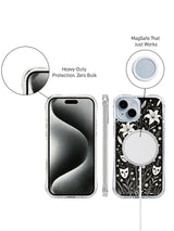 Dark botanical mask iPhone 15 Plus case detail