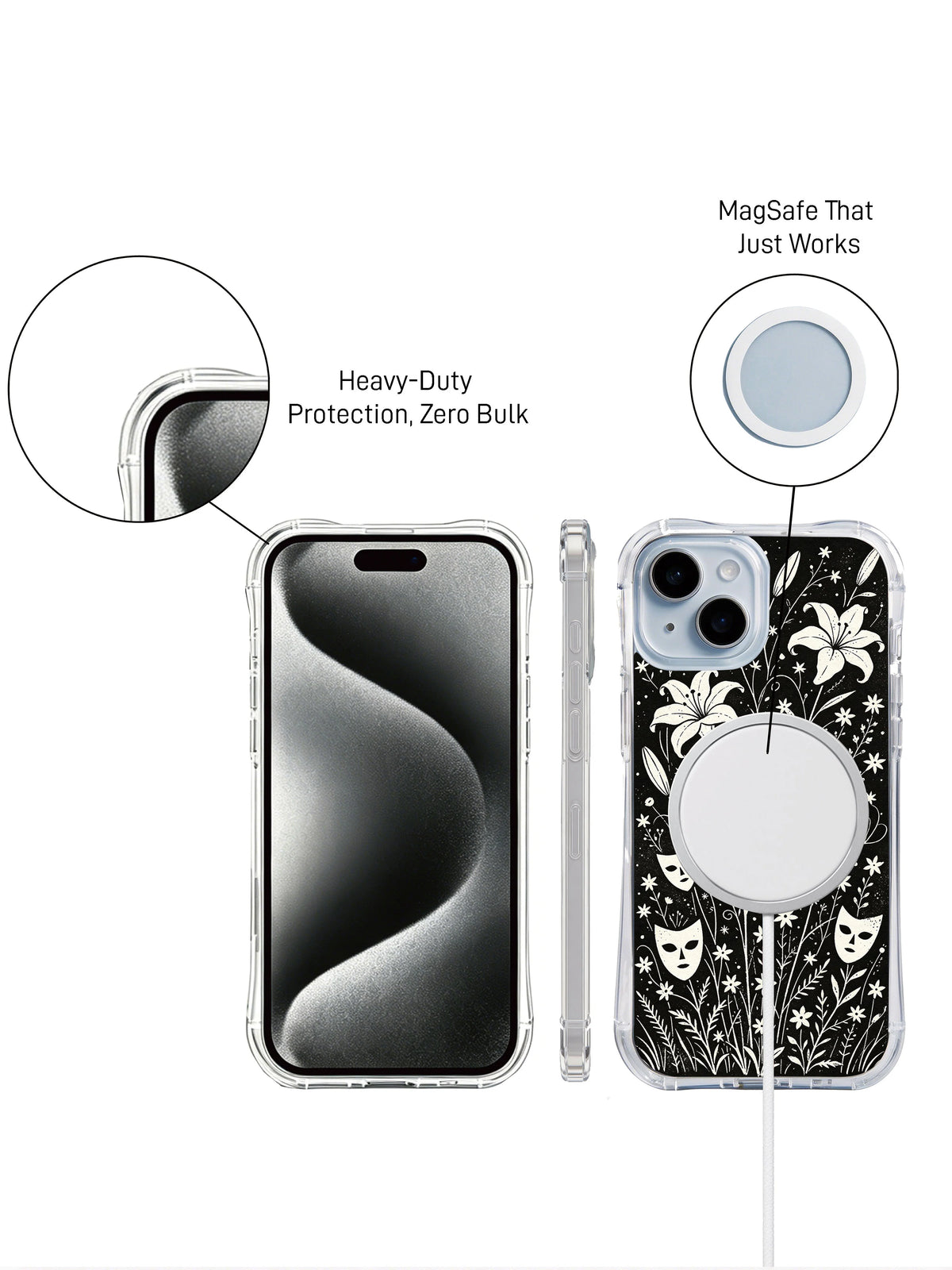 Dark botanical mask iPhone 15 Plus case detail
