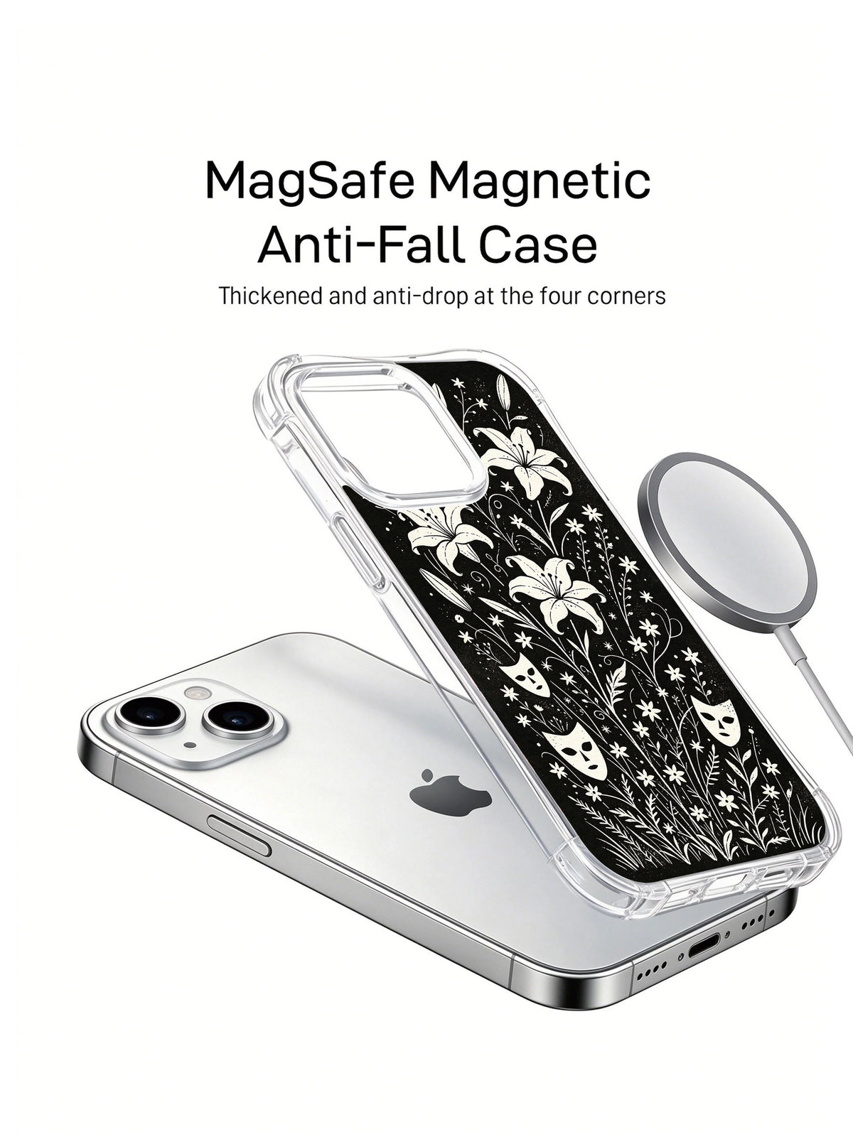 Black and white gothic wildflower iPhone 15 Plus case display