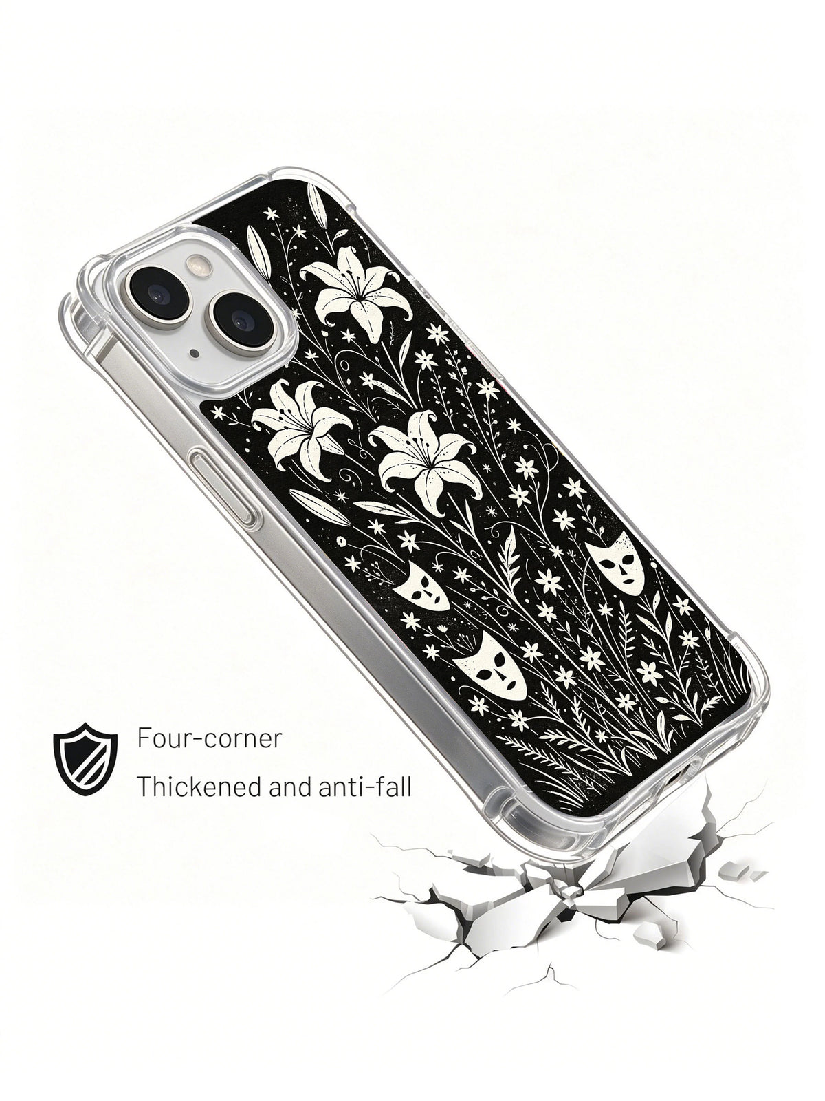 Wildflower Mourning Masks case fitted on iPhone 15 Plus