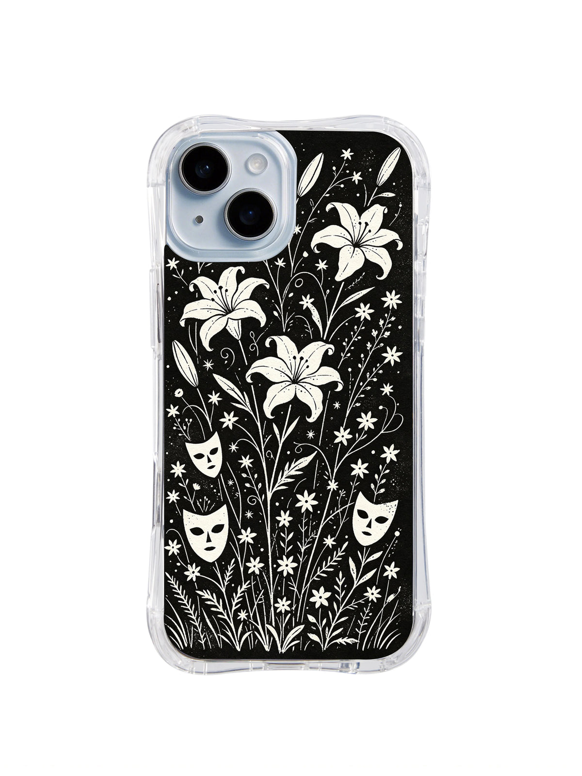 Wildflower Mourning Masks iPhone 15 Plus case front view by Vesper Wraith