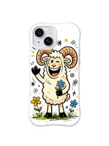 Wildflower Ram iPhone 13 case with winking ram holding a blue flower among yellow blooms