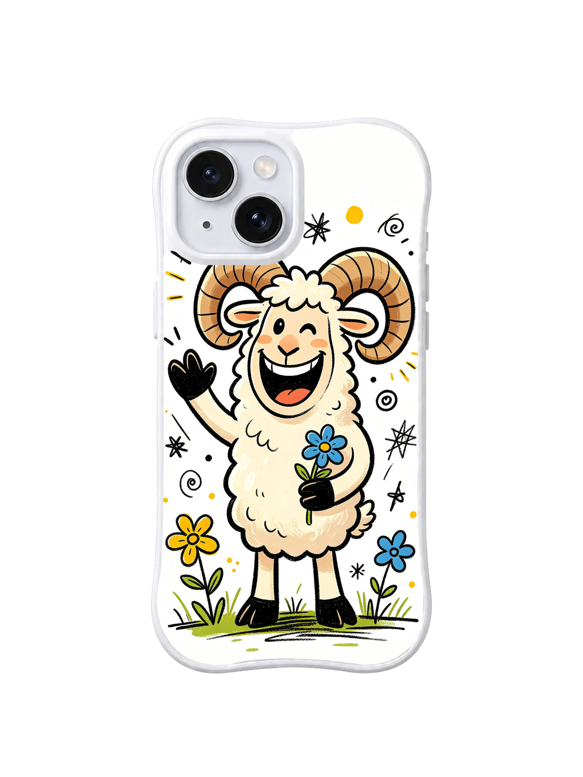 Wildflower Ram iPhone 13 case with winking ram holding a blue flower among yellow blooms