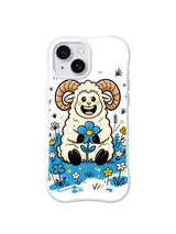 Wildflower Ram iPhone 13 case with seated ram holding a blue flower in a bright meadow
