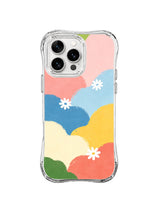 Abstract Petal Hills: A few white flowers sit on rounded green, blue, pink, cream and yellow hills.