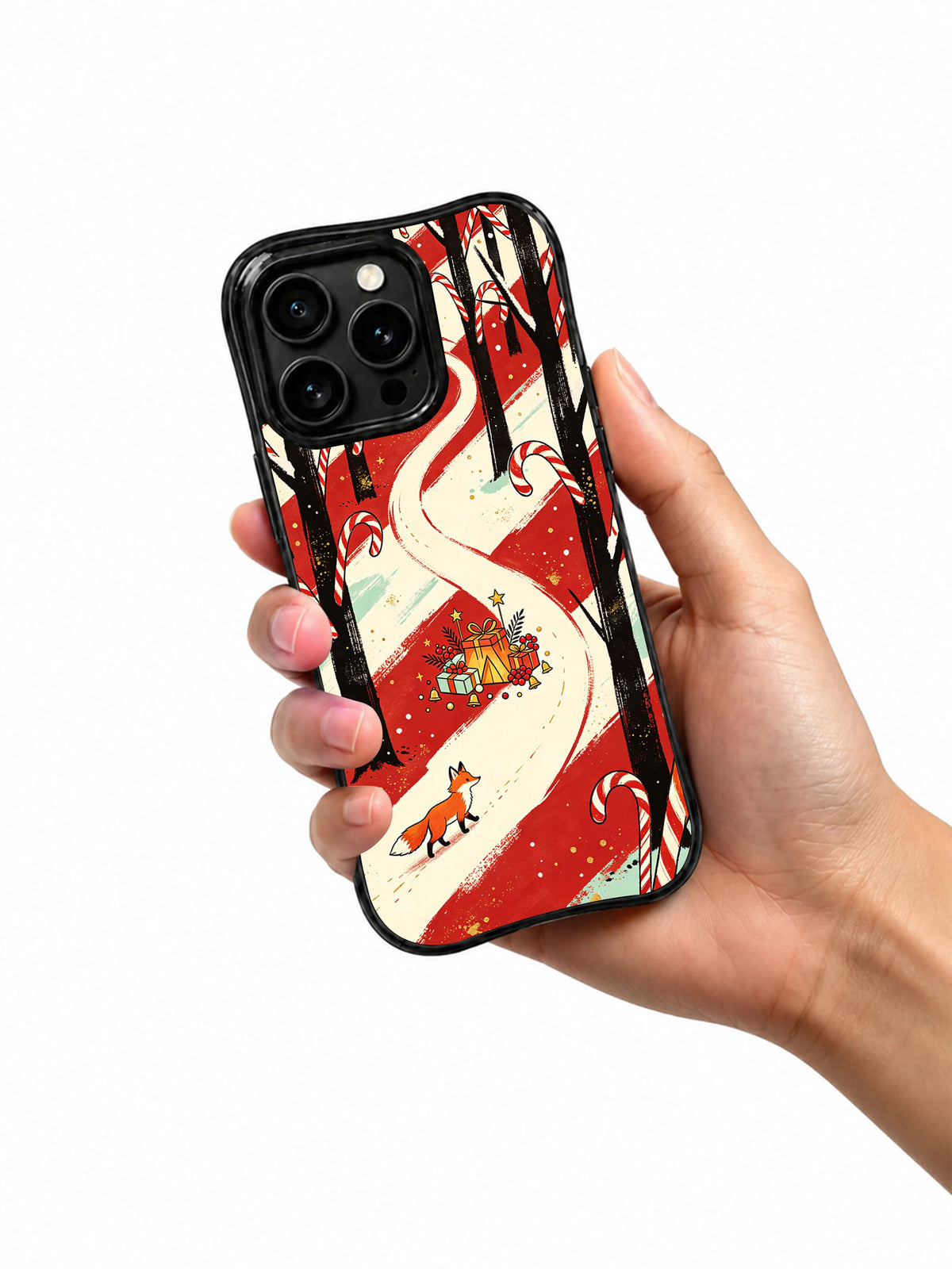 Handheld view of the Winding Foxlight Trail artwork on a black-edged iPhone 14 Pro case